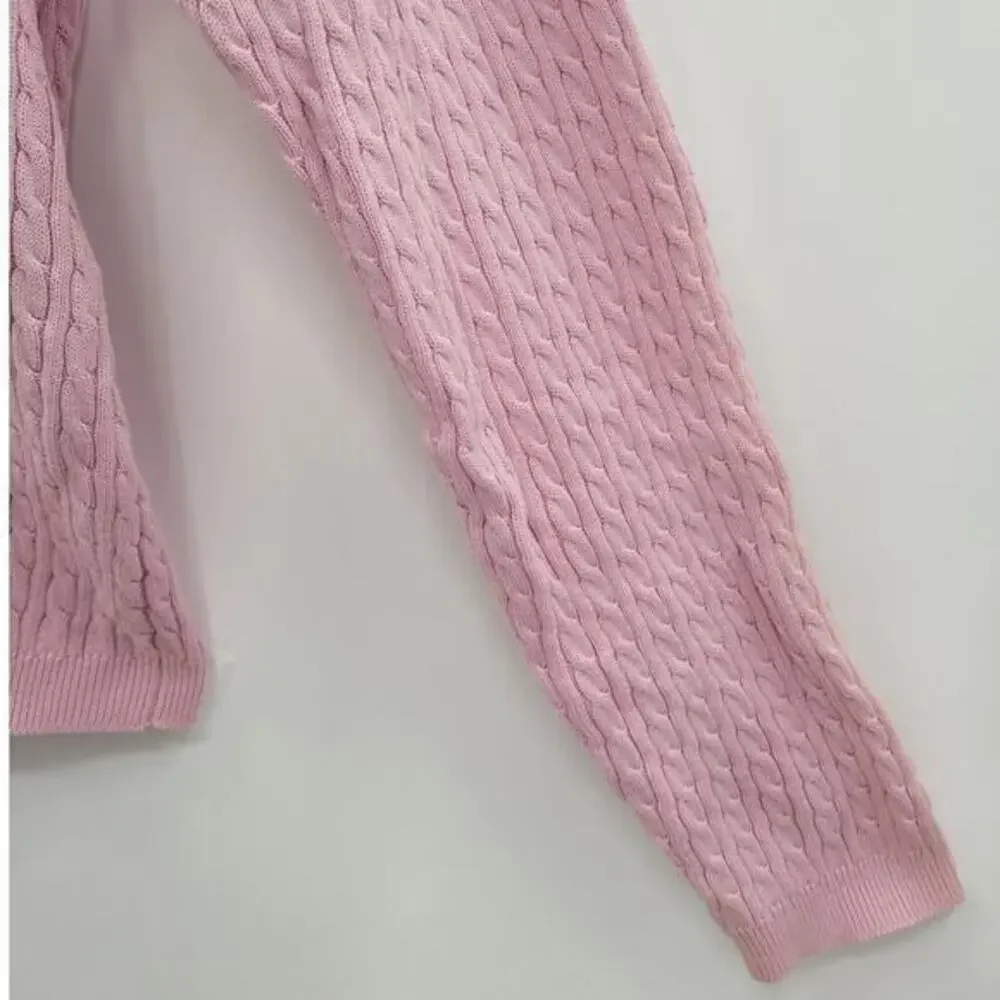 Karen Kane Golf Pink Cream Preppy Old Money Cable Knit Cardigan‎ Jacket Sweater - Picture 8 of 11